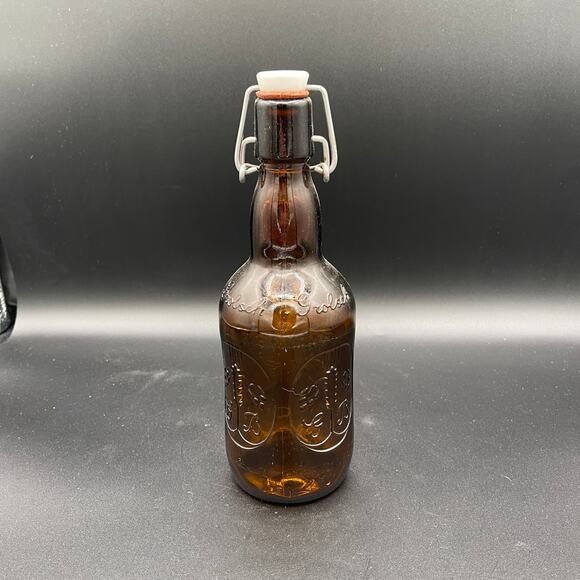 Vintage Grolsch Beer Bottle W/ Porcelain Top, Brown Amber Glass, Embossed 16 Oz - Picture 2 of 4